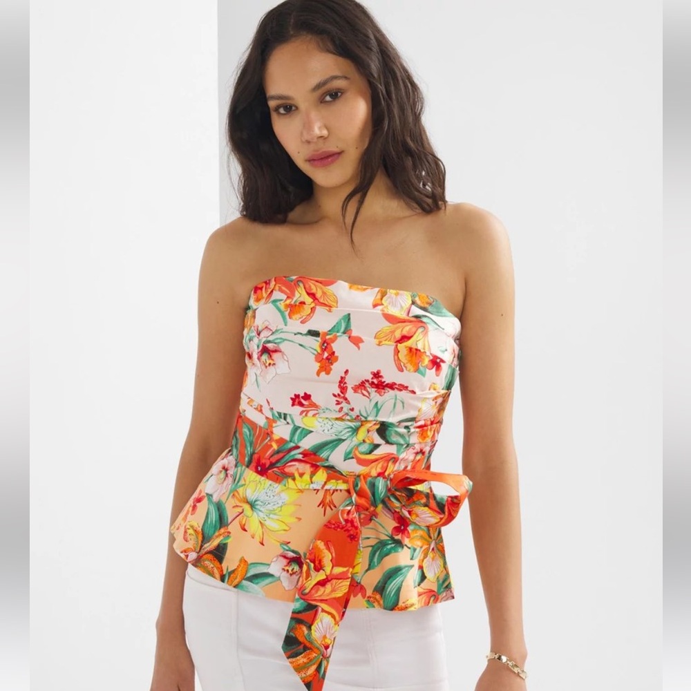 White House Black Market Strapless Floral Peplum Top in Coral & White